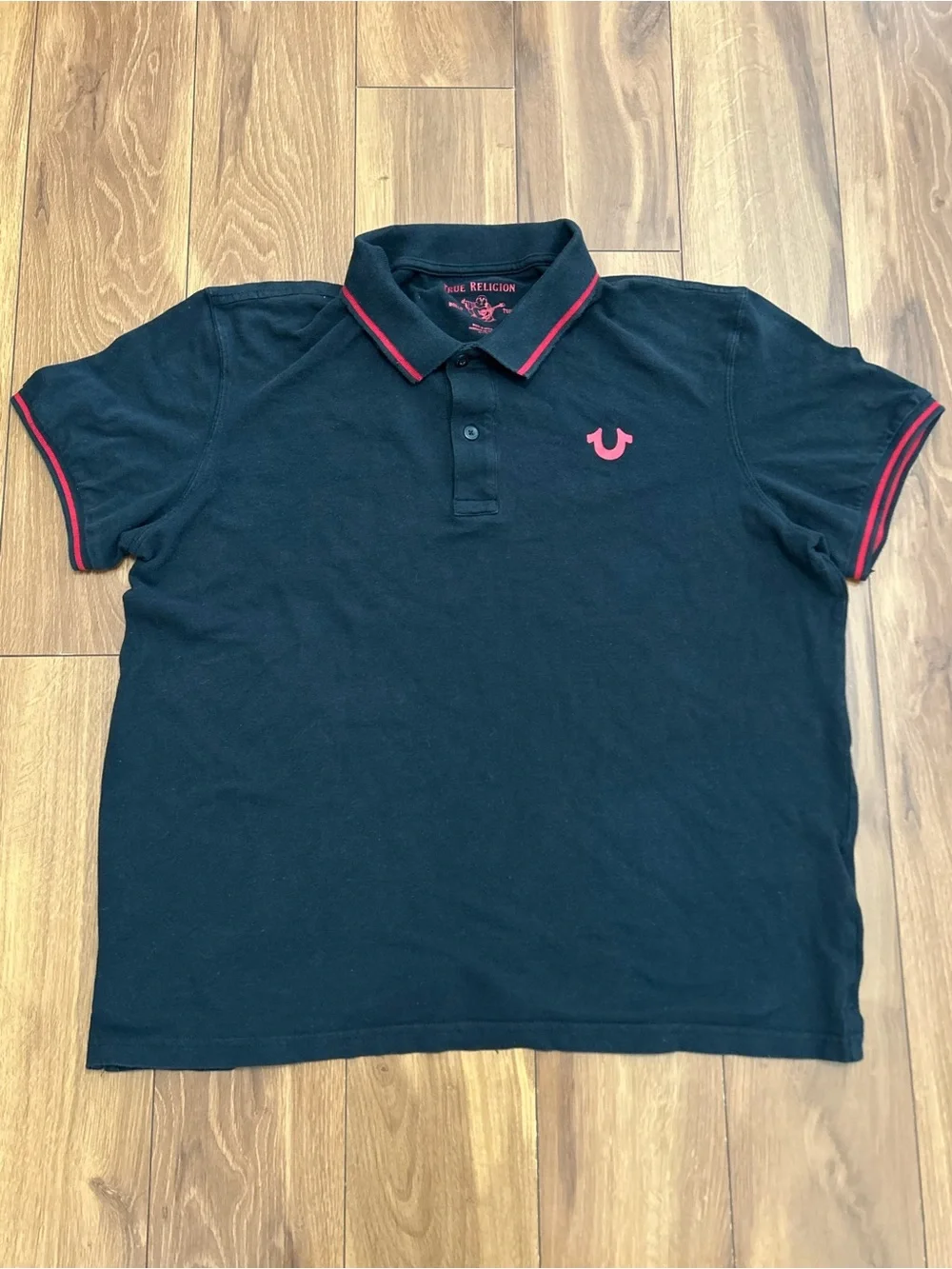 True Religion Polo Shirt Men Black Red Logo Short Sleeve Crafted With Pride/XL